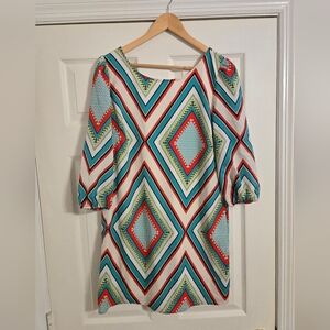 Pink Owl White Red Green Geometric Patterned Dress Size Large